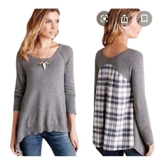 MOTH Anthropologie Women's Pullover Sweater Gray Back Plaid Flannel - Picture 1 of 6